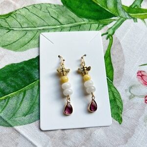 Bee Earrings, White Honey Amber Yellow Jade, Garnet Teardrop Fun Earrings